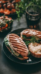 Close-Up of Panini Sandwiches on Plate with Salad and Drink in Background, Food Photography, Dark Moody Style, Studio Shot