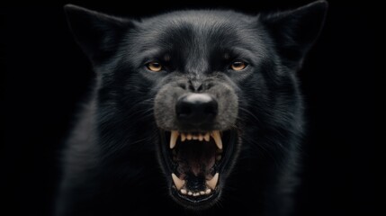Black wolf snarling aggressively head on studio shot with dark background showing teeth and amber eyes