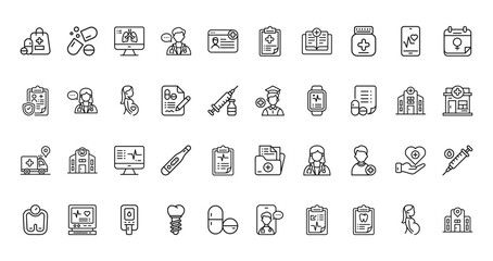 40 set of outline web medical icons such as pill, medical report, health insurance, student, ambulance, document, bmi vector thin icons for report, presentation, diagram, web design, mobile app