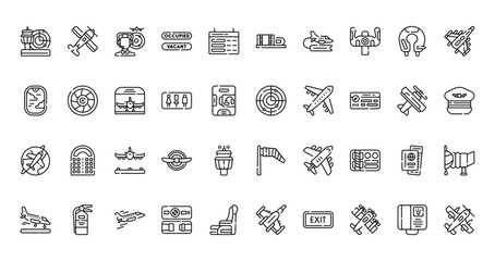 40 set of outline web airplane icons such as airplane, black box, window, radar, flight, wind flag, landing vector thin icons for report, presentation, diagram, web design, mobile app