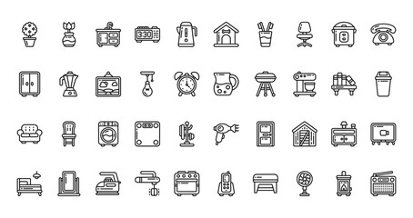40 set of outline web home icons such as plant, dog house, wardrobe, jug, sofa, hair dryer, bed vector thin icons for report, presentation, diagram, web design, mobile app