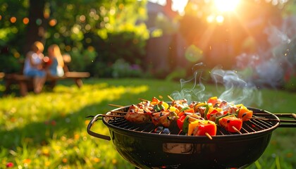 Grill with kebabs in a sun-drenched backyard, people sitting in background, vibrant, sunny, green, and inviting