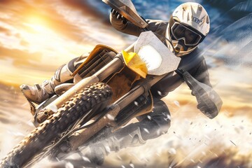A daring motorcycle rider speeds through a rugged landscape, capturing the thrill of adventure as the sun sets in the background, surrounded by dirt and excitement.