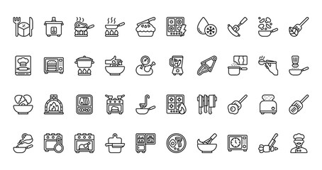 40 set of outline web cooking icons such as rice cooker, hob, book, blender, bowl, hob, pan vector thin icons for report, presentation, diagram, web design, mobile app