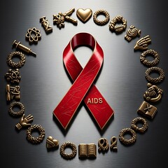 Aids awareness ribbon surrounded by symbolic objects on a dark background