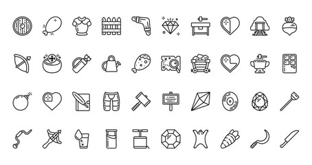 40 set of outline web crafting game collection. icons such as chicken, gem, bow, map, bomb,  , drill vector thin icons for report, presentation, diagram, web design, mobile app