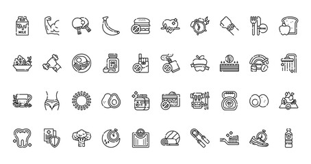 40 set of outline web healthy lifestyle icons such as muscle, heart rate, vegetable, vape, herbal tea, no sweets, tooth vector thin icons for report, presentation, diagram, web design, mobile app