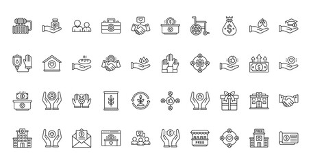 40 set of outline web donations icons such as drug, charity, blood transfusion, hands up, donations, thumbs up, clinic vector thin icons for report, presentation, diagram, web design, mobile app