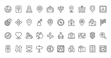 40 set of outline web location icons such as location, direction, globe, compass, left turn, smart car, mobile location vector thin icons for report, presentation, diagram, web design, mobile app