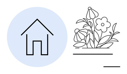 Outline of a house inside a blue circle next to blooming flowers in a garden bed. Ideal for housing, gardening, eco-living, sustainability, decor, nature, and minimalism. Simple flat metaphor