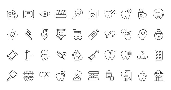 40 set of outline web dental icons such as certificate, x ray, teeth, toothpaste, pads, electric toothbrush, hand mirror vector thin icons for report, presentation, diagram, web design, mobile app