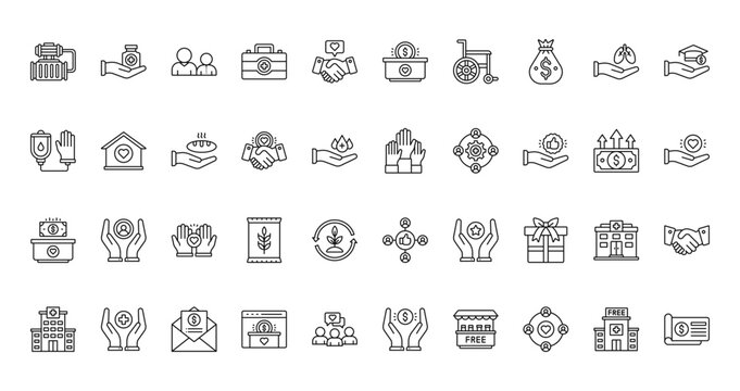 40 set of outline web donations icons such as drug, charity, blood transfusion, hands up, donations, thumbs up, clinic vector thin icons for report, presentation, diagram, web design, mobile app