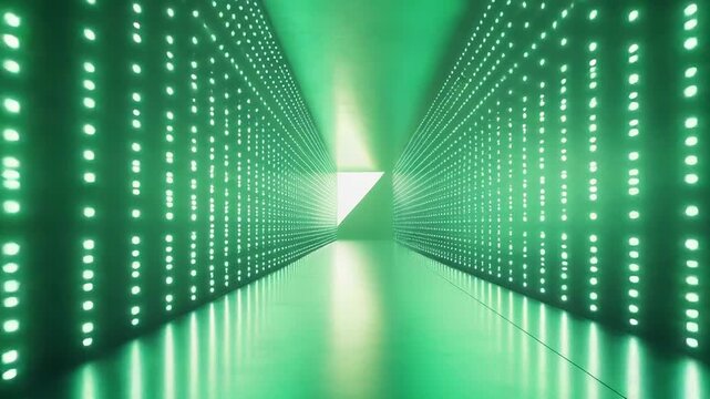 Futuristic server room tunnel with glowing green lights