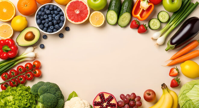 Fresh Fruits Vegetables Healthy Food Ingredients Copy Space Flat Lay