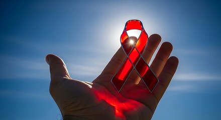Hand holding red ribbon against blue sky for world aids day awareness