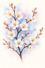 Cherry blossom branch with white flowers and pink buds painted in watercolor on light background. Botanical illustration of sakura flowers on tree branch. Spring bloom and nature renewal concept for d