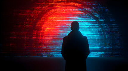 Silhouette facing a vivid circular fusion of red and blue digital energy fields symbolizing cyber conflict, data flow, and futuristic technology visualization
