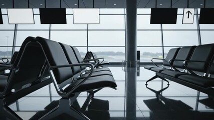 Empty modern airport departure lounge with rows of leather seats and large windows overlooking tarmac.