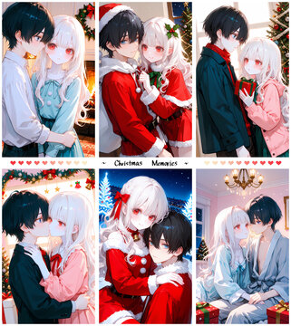 クリスマスの思い出。聖夜を祝うカップル。縦長動画のサムネイルにも使える漫画風のAIイラスト6枚セット