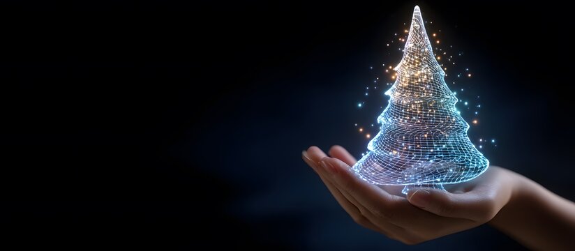 Hands displaying a digital Christmas tree hologram. Technological Christmas concept.