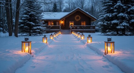 Cozy cabin glows warmly in the snowy winter landscape with lanterns lighting the path to the front door