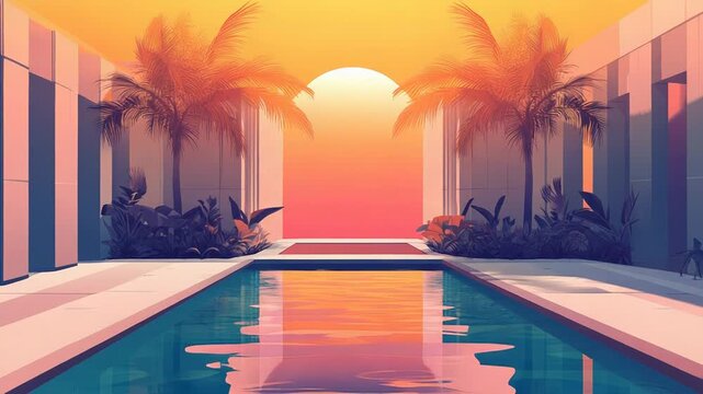 Modern architecture swimming pool at sunset vaporwave style