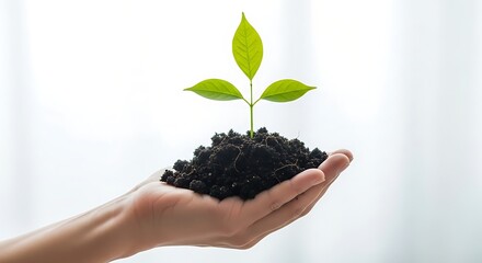 Close up of a person s open hands gently holding a small green plant growing from dark soil