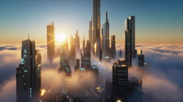 Futuristic city skyline emerging from clouds at sunrise, advanced architecture, sci-fi metropolis concept