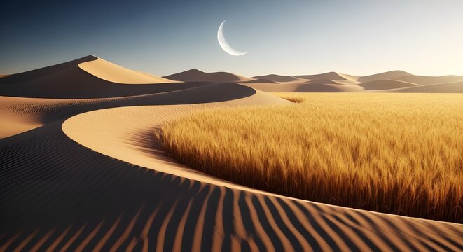 Golden Desert Landscape with Crescent Moon and Wheat Field – Tranquil Evening Light and Sand Dunes