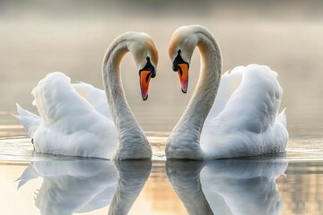 Fototapeta premium A stunning capture of two swans forming a heart shape with their necks, reflected beautifully on the calm water, epitomizing love, grace, and tranquility, set against a serene backdrop.