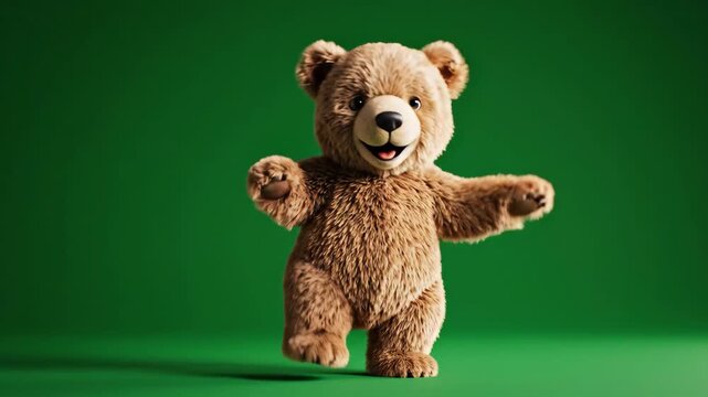 Animated Teddy Bear Waving and Dancing on Green Screen Background