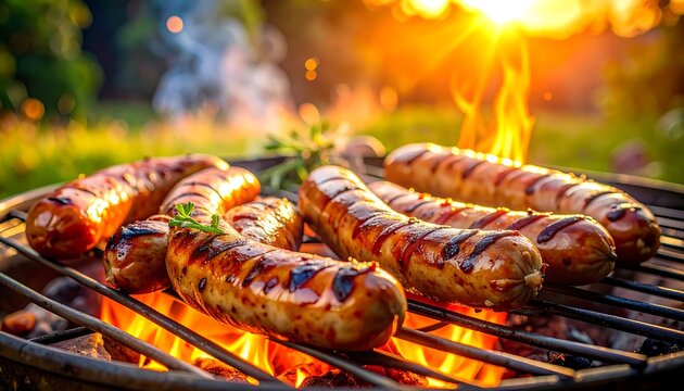 Grilled sausages sizzle over hot flames on a barbecue grill, bathed in warm, golden sunlight against a blurred backdrop - Powered by Adobe
