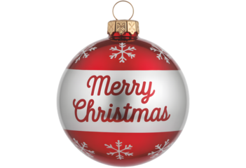 A festive red and silver striped christmas ornament with merry christmas text and snowflakes isolated on transparent background
