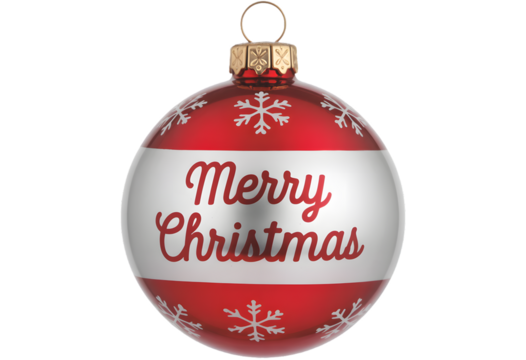 A festive red and silver striped christmas ornament with merry christmas text and snowflakes isolated on transparent background - Powered by Adobe