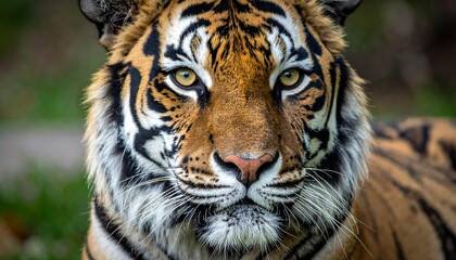 Fototapeta premium Majestic tiger stares intensely ahead, orange fur blending with black stripes, sharp eyes piercing through the lens