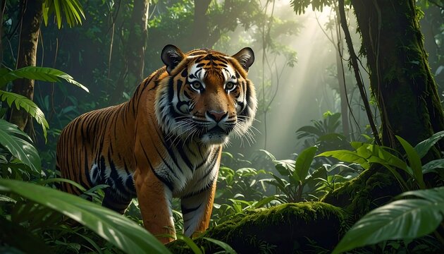 Majestic tiger stares intensely within lush, green jungle bathed in beams of sunlight piercing the canopy - Powered by Adobe