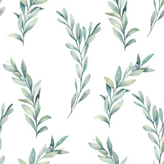 Watercolor seamless pattern with eucalyptus branches . Hand drawn illustration