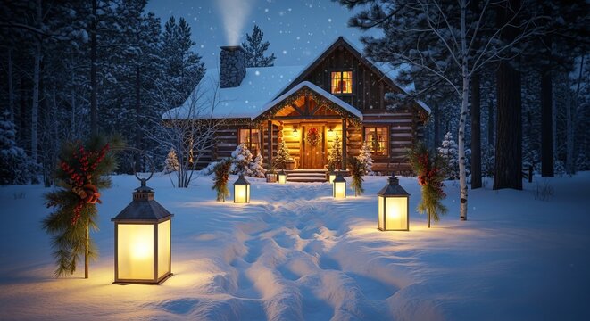 Cozy log cabin glows warmly amidst a snowy winter wonderland scene with festive holiday decorations