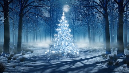 Magical Glowing Christmas Tree in a Mysterious Snowy Winter Forest at Night