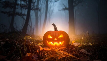 Glowing pumpkin in a dark, misty forest with leaves on the ground, illuminated from within