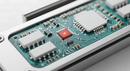 Fototapeta premium Close-Up of a Digital Circuit Board with Red Indicator Light on a Modern Electronic Device