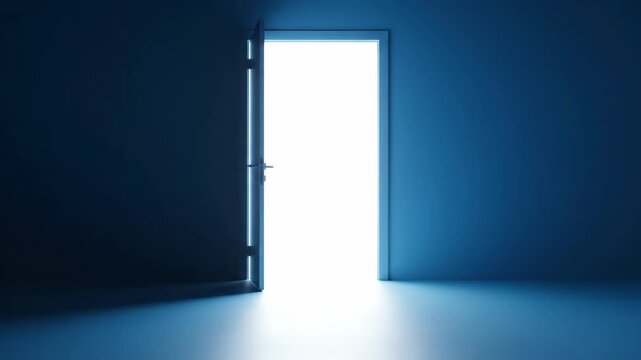 An open door reveals bright light in a dark room, cinematic, photorealistic