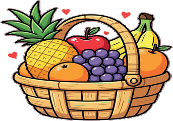 Fruit Basket Cartoon Vector Illustration | Fresh Fruits in Wicker Basket for Healthy Eating and Nutrition-Themed Designs