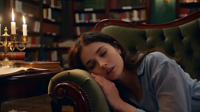 Depleted Elegance: Young Woman Collapsing on Velvet Chaise in Dimly Lit Antique Library.