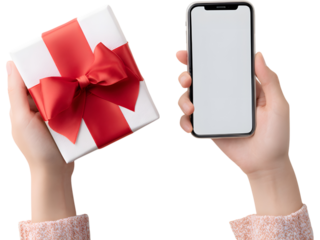 Human hands holding smartphone and gift box with red ribbon isolated on transparent background, ideal for e-commerce and festive ads.