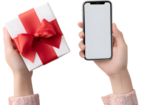 Human hands holding smartphone and gift box with red ribbon isolated on transparent background, ideal for e-commerce and festive ads.