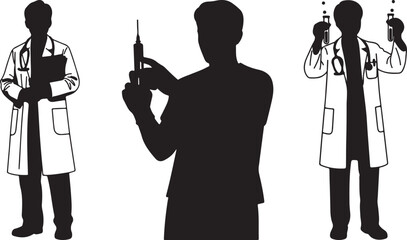 Three doctors in silhouette one holding a syringe two with lab coats and stethoscopes representing healthcare professionals and medical research