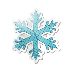 Light blue snowflake cut out of crumpled paper with halftone dotted texture. Snow flake vintage sticker. Modern retro vector illustration for mixed media design isolated on transparent background