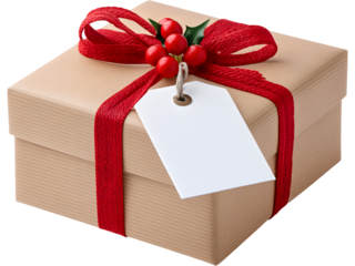 Brown craft gift box with red ribbon and blank tag isolated on transparent background, perfect for Christmas or celebration visuals.
