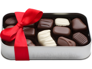 Box of assorted chocolates wrapped with red ribbon isolated on transparent background, great for Valentine’s or holiday visuals.